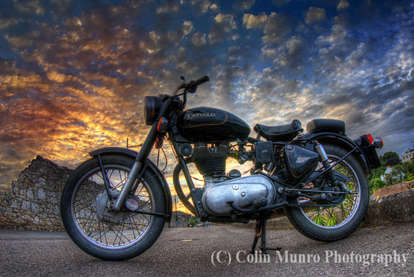 MBI000965-600pix24bitJPGED4CR Enfield Bullet 500cc at sunset. Prints for sale, Colin Munro Photography.
