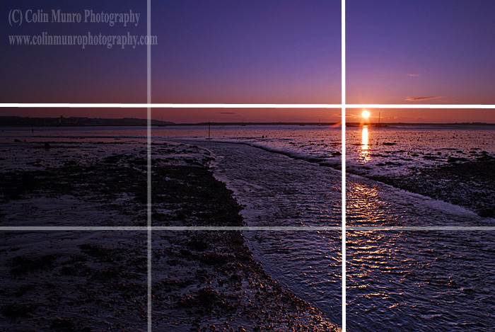 Image illustrating rule of thirds. Sunrise over mudflats, Exe Estuary near Cockwood Harbour. Colin Munro Photography