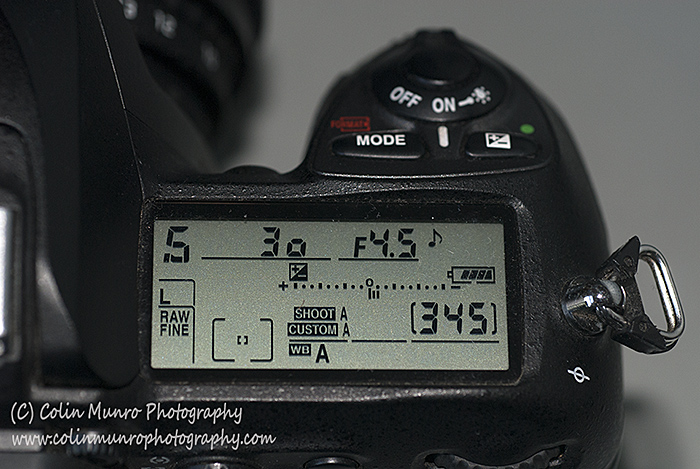 The LCD Display on a Digital SLR camera showing the shutter speed (here set to 1/30th of a second).  This diplay may be on the top or back of the camera, depending on model. Colin Munro Photography
