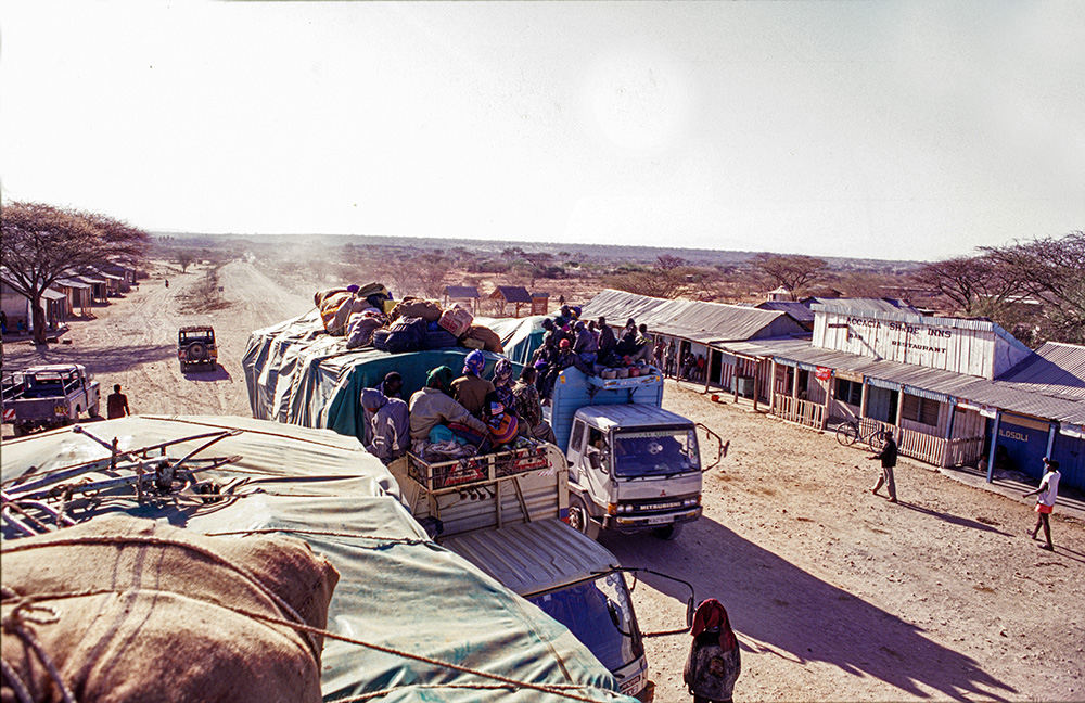 Convoy of trucks arriving Archers Post 1982